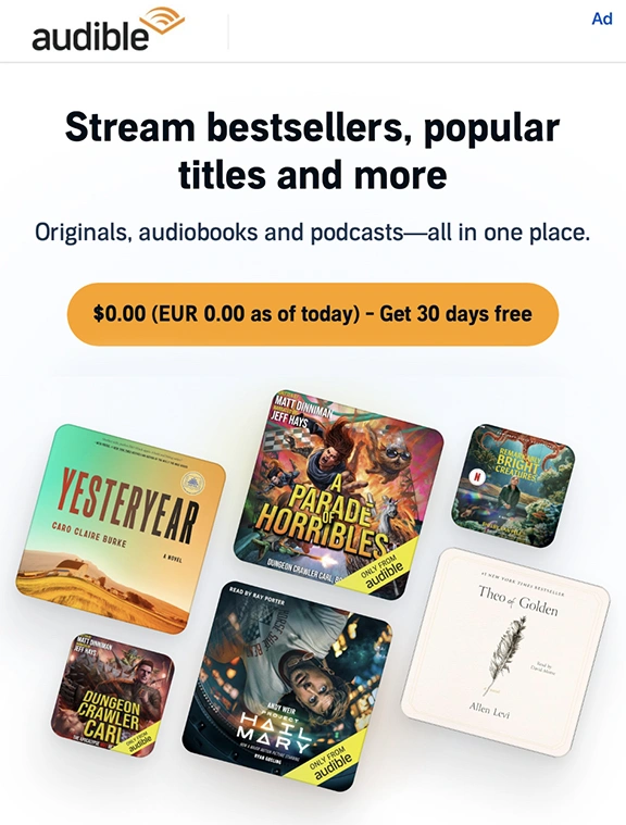Try Audible for free - Stream bestsellers and popular titles